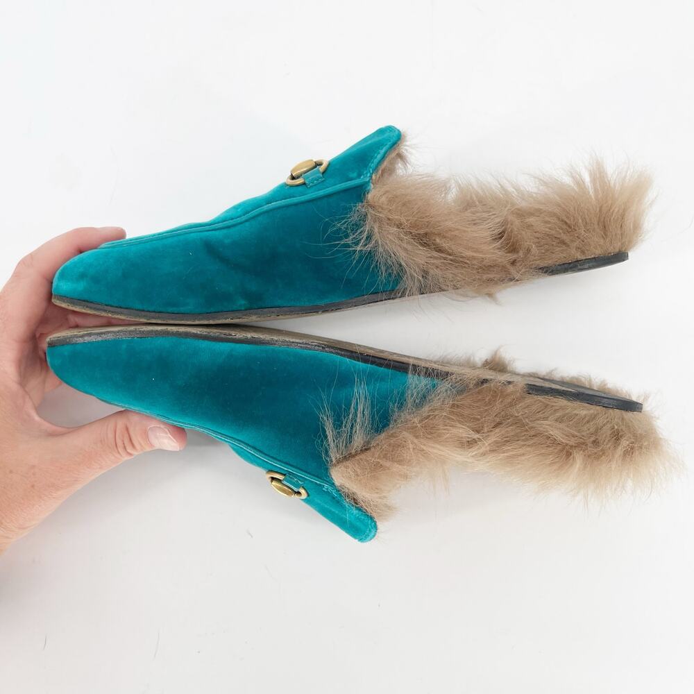 Gucci Teal Velvet Fur Lined Princetown Horsebit Mule Slipper Flats EU 37 - Picture 4 of 9